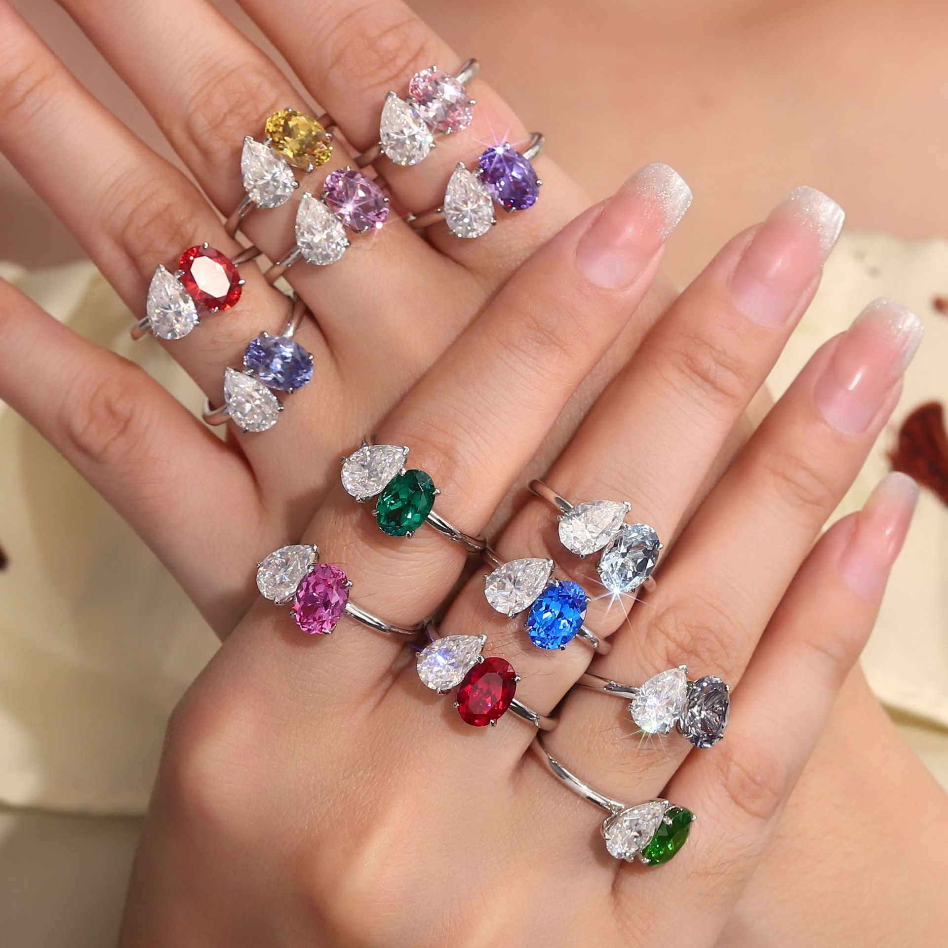  S925纯银戒指女高级感宝石蛋形高碳钻闭口戒指饰品批发